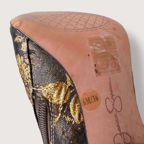 Jessica Simpson | Metallic Brocade Ankle Boots / Block Heel Booties | 6 | Chic - Picture 4 of 16